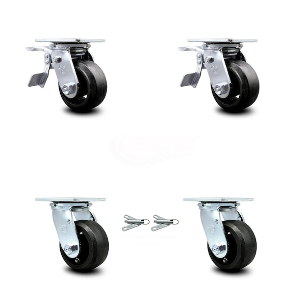 4 Inch Rubber on Steel Caster Set with Ball Bearings 2 Brake 2 Swivel Lock SCC